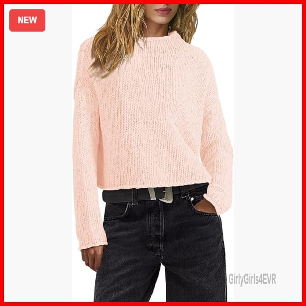 Oversized Cropped Chunky Knit Sweater Mock Neck Long Sleeve Pullover